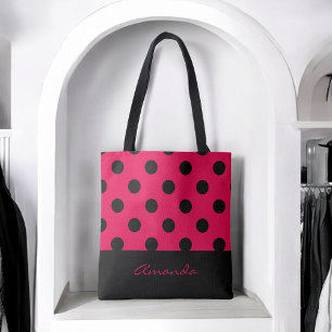 Bolsa Tote Black and Fuchsia Chic Polka Dots with Monogram