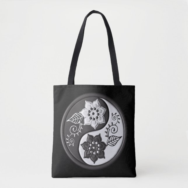 Bolsa Tote Black and Silver Floral Yin Yang (Frente)