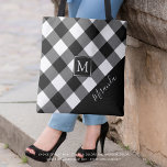 Bolsa Tote Black and White Buffalo Check Plaid Monogram Name<br><div class="desc">Black and white buffalo check plaid tote bag with monogram on center with white and black borders. Add your name or delete the sample text to leave the area blank on the corner solid black. The back side is a solid black color that can be changed as desired. The text...</div>
