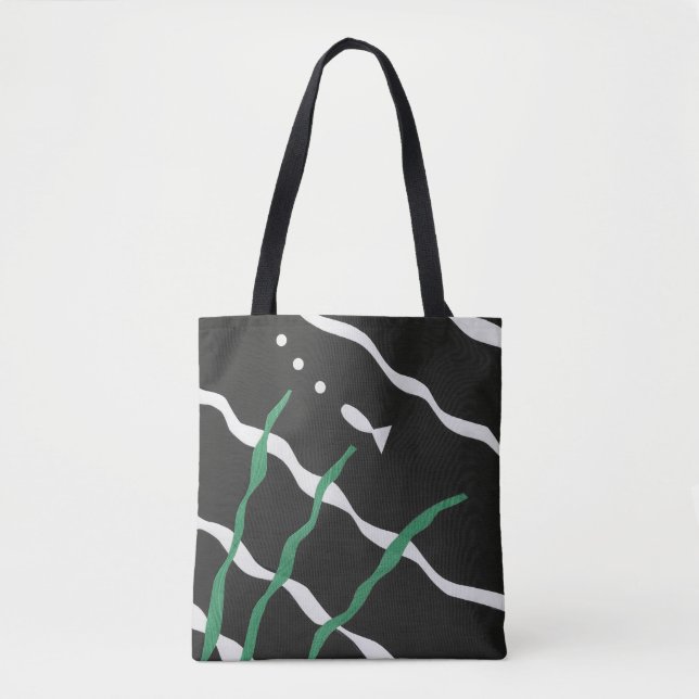 Bolsa Tote Black and White Fish with bubbles and seaweed (Frente)