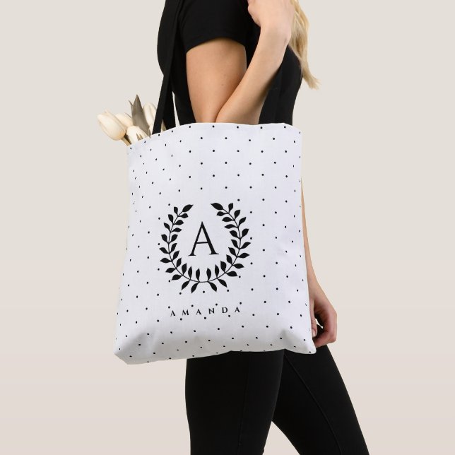 Bolsa Tote Black And White Laurel Monogram Polka Dot Pattern (Close Up)