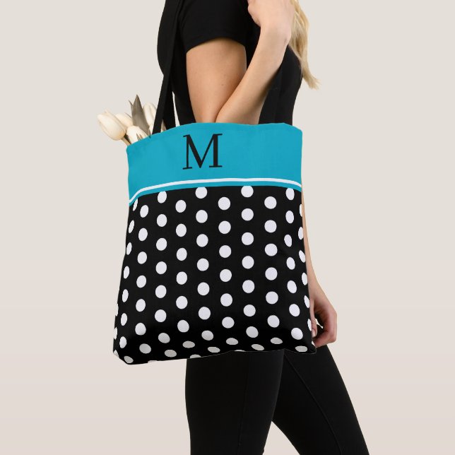 Bolsa Tote Black and White Polka Dot With Azure Blue Monogram (Close Up)