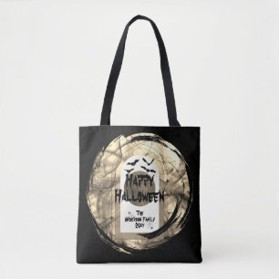 Bolsa Tote Black and White Spoky Bats Moon Happy Halloween