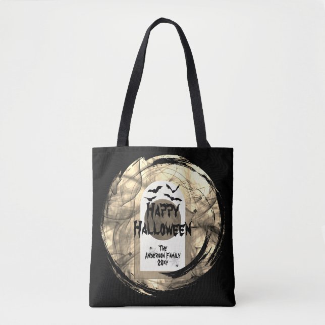 Bolsa Tote Black and White Spoky Bats Moon Happy Halloween (Frente)