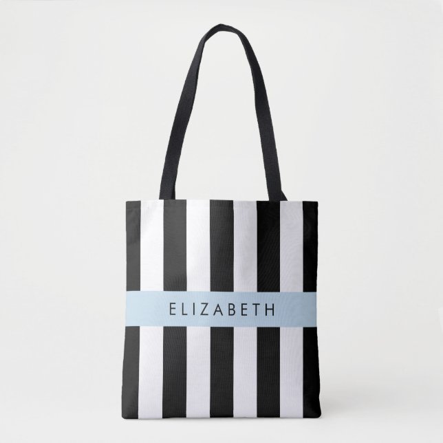 Bolsa Tote Black and White Stripes, Stripes, Linhas, Seu Nome (Frente)
