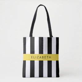 Bolsa Tote Black and White Stripes, Stripes, Linhas, Seu Nome