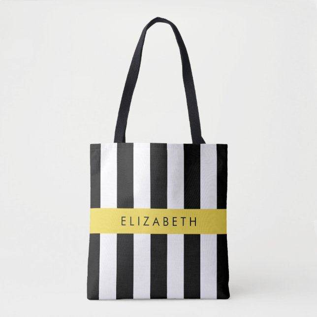 Bolsa Tote Black and White Stripes, Stripes, Linhas, Seu Nome (Frente)