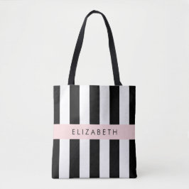 Bolsa Tote Black and White Stripes, Stripes, Linhas, Seu Nome