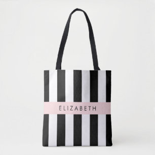 Bolsa Tote Black and White Stripes, Stripes, Linhas, Seu Nome