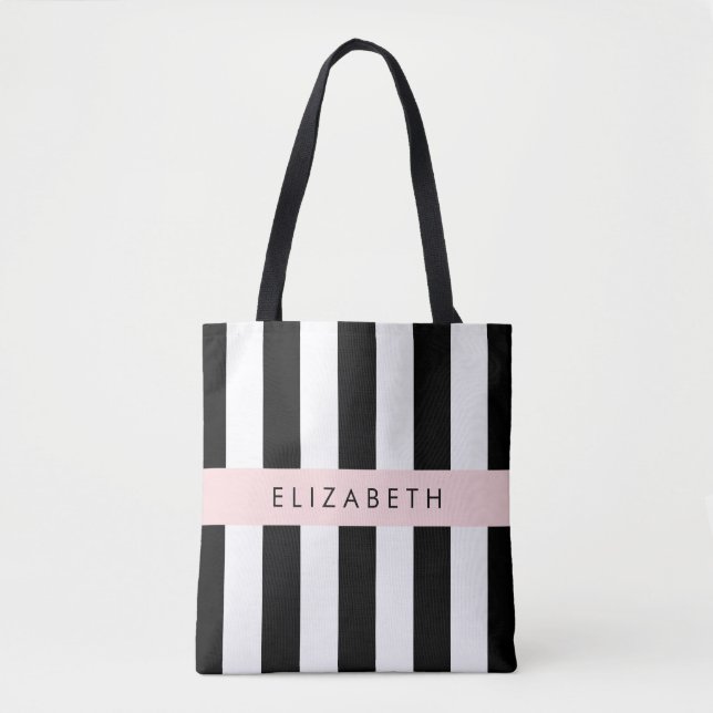 Bolsa Tote Black and White Stripes, Stripes, Linhas, Seu Nome (Frente)
