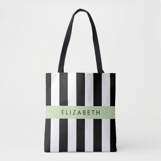 Bolsa Tote Black and White Stripes, Stripes, Linhas, Seu Nome (Frente)