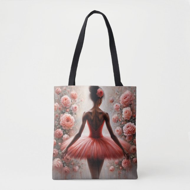 Bolsa Tote Black Ballerina in Red Tutu with Roses Afrocentric (Frente)