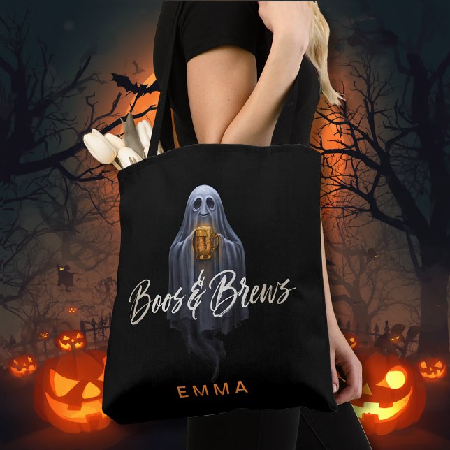 Bolsa Tote Black Boos & Brews Fantasma Halloween (Criador carregado)