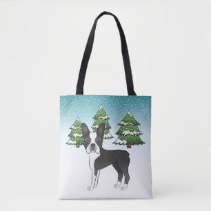 Bolsa Tote Black Boston Terrier em uma floresta de inverno