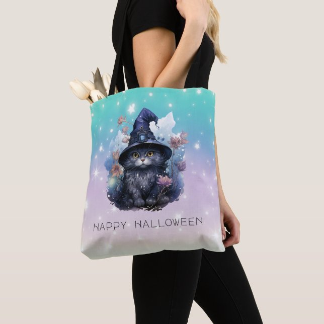 Bolsa Tote Black Cat Bruxa Hat Rainbow Pastel Halloween (Close Up)
