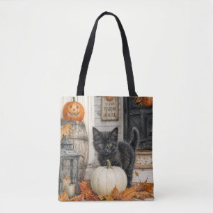 Bolsa Tote Black Cat e Pumpkin Farmhouse Halloween