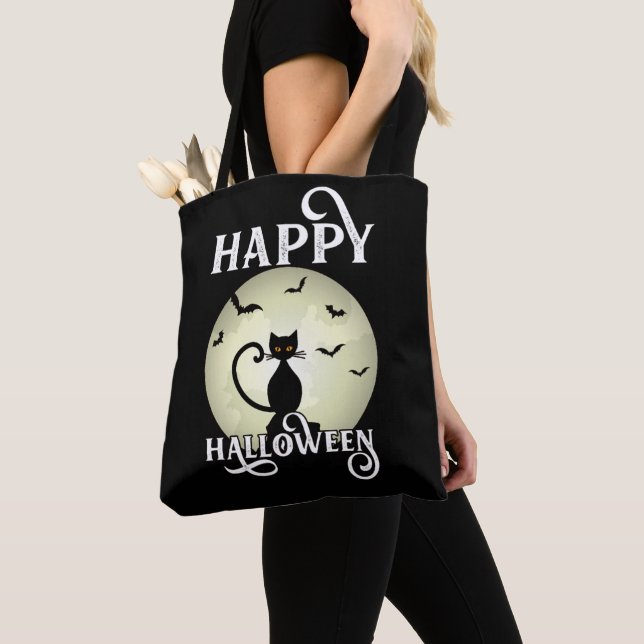 Bolsa Tote Black Cat Full Moon Bats Happy Halloween (Close Up)