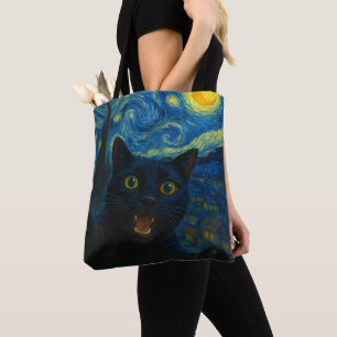 Bolsa Tote Black Cat Starry Night Van Gogh Cat Selfie