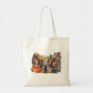 Bolsa Tote Black Cat Village Road Halloween Watercolor