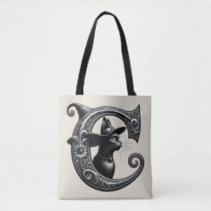 Bolsa Tote Black Cat Witchy - Letra C Personalizada Inicial