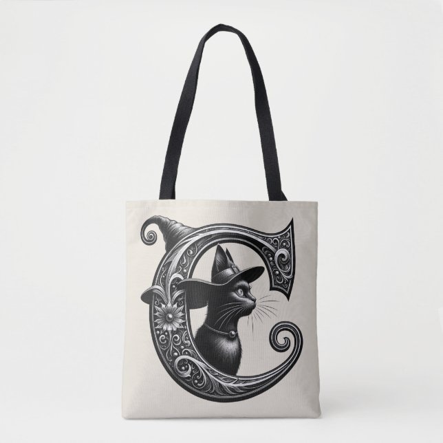 Bolsa Tote Black Cat Witchy - Letra C Personalizada Inicial (Frente)