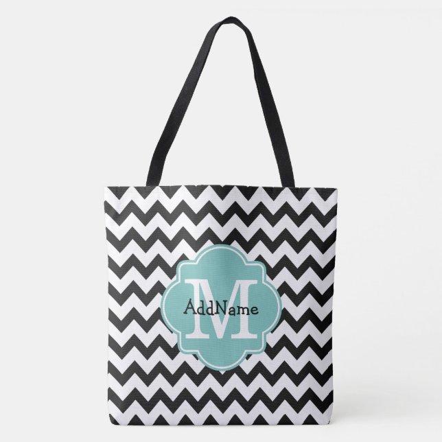 Bolsa Tote Black Chevron Aqua Monograma e Nome Personalizado (Frente)