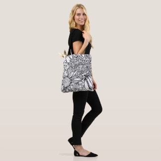 Bolsa Tote Black Chrysanthemums Line Drawing with Name