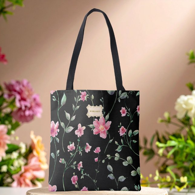 Bolsa Tote Black Floral pink Flowers pattern Trendy Classic (Criador carregado)