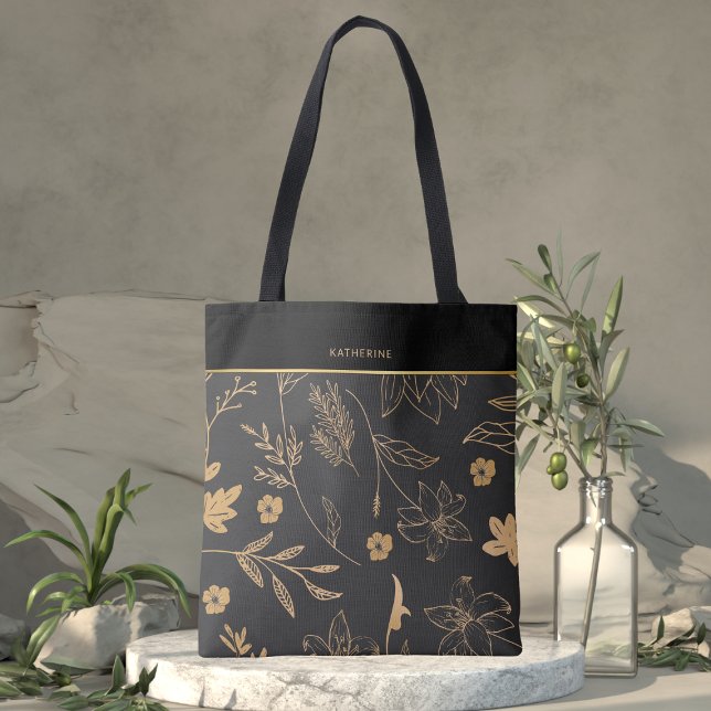 Bolsa Tote Black Gold Floral Elegant Trendy Stylish (Criador carregado)