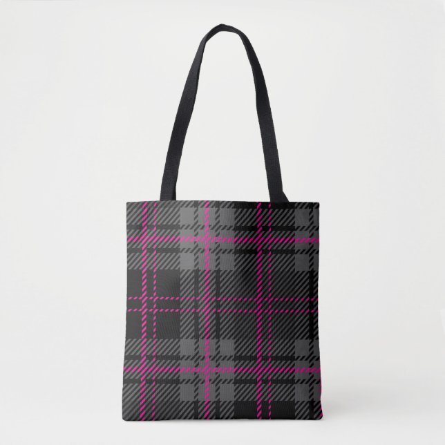 Bolsa Tote Black Gray and Pink Tartan Print Plaid Scottish (Frente)