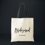 Bolsa Tote Black Hand Lettering Bridesmaid I Personalized<br><div class="desc">Customizable bridesmaid tote bag. Modern and classic tote bag featuring black "bridesmaid" hand lettering script. Personalize by adding the receiver's name,  the hashtag of the wedding or other details. Perfect as a gift for your wedding party or bridal party.</div>