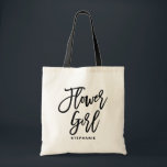 Bolsa Tote Black Hand Lettering Flower Girl Personalizadas<br><div class="desc">Saco de tote de uma florista personalizável. Saco de tota moderno e clássico, com um guião preto de "floricultura". Personalize adicionando o nome do receptor, a hashtag do casamento ou outros detalhes. Perfeito como presente para sua festa de casamento ou festa noiva.</div>