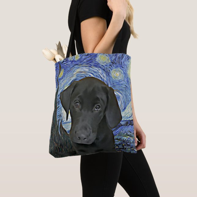 Bolsa Tote Black Lab Puppy Starry Night Van Gogh Inspirou  (Close Up)