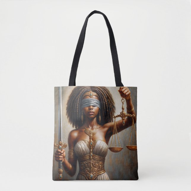 Bolsa Tote Black Lady Justice Holding Scales and Sword Art (Frente)