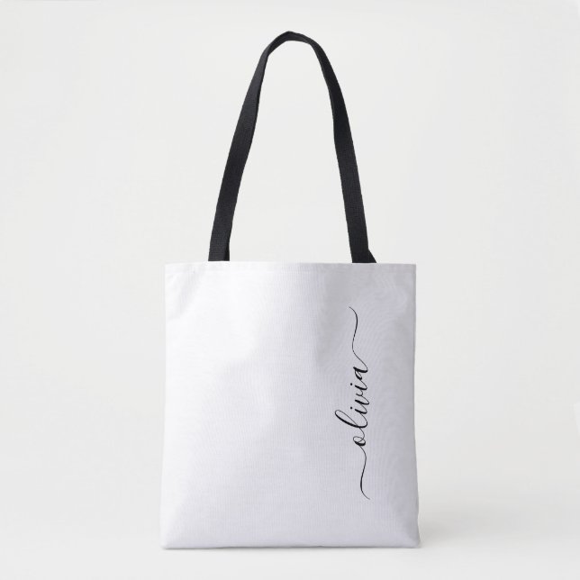 Bolsa Tote Black Name White Girly Script Monograma Moderno (Frente)