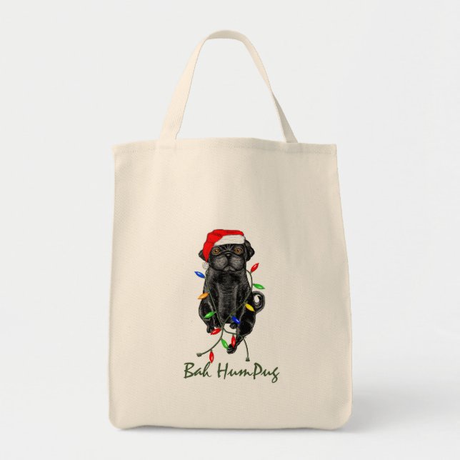 Bolsa Tote Black Pug Dog Bah Humpug Engraçado Natal (Frente)