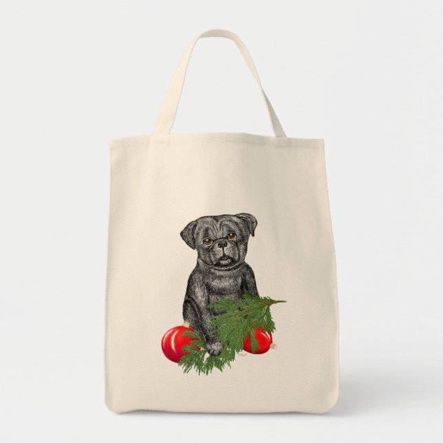Bolsa Tote Black Pug Puppy Adorável Arte De Natal (Frente)