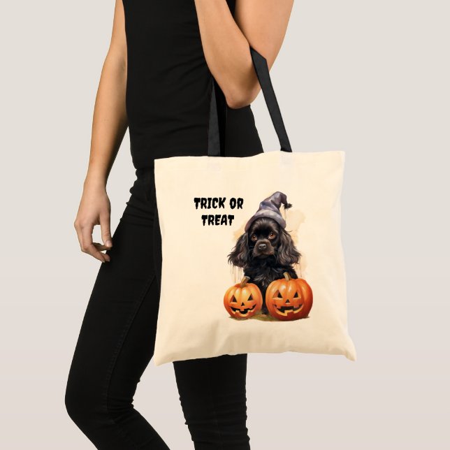 Bolsa Tote Black Puppy Jack o'Lanterna Kids Halloween (Frente (produto))