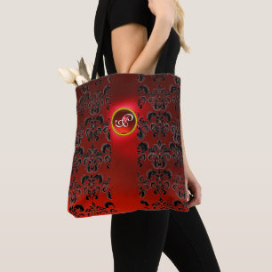 BOLSA TOTE BLACK RED DAMASK FLORAL, RUBY GEMSTONE MONOGRAMA