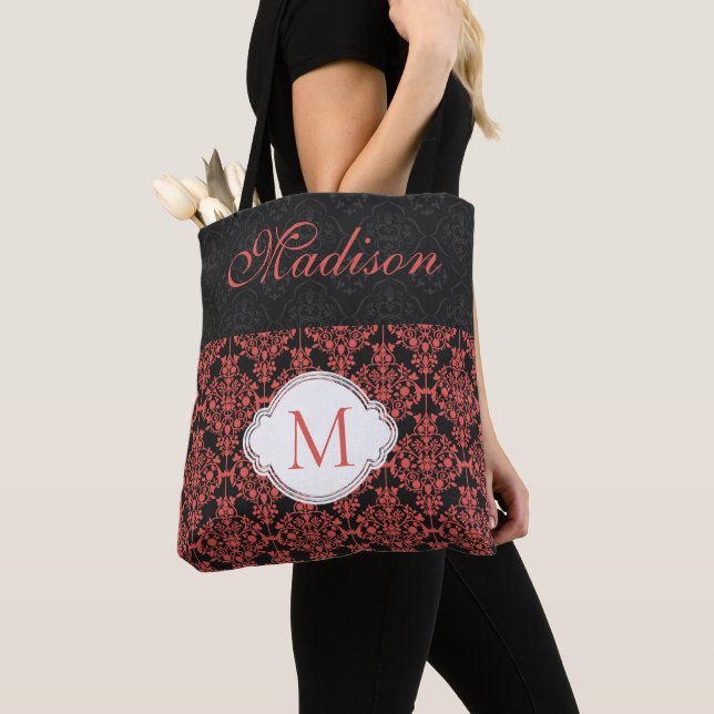 Bolsa Tote Black Red Damask Girly Trendy Monograma Inicial (Close Up)