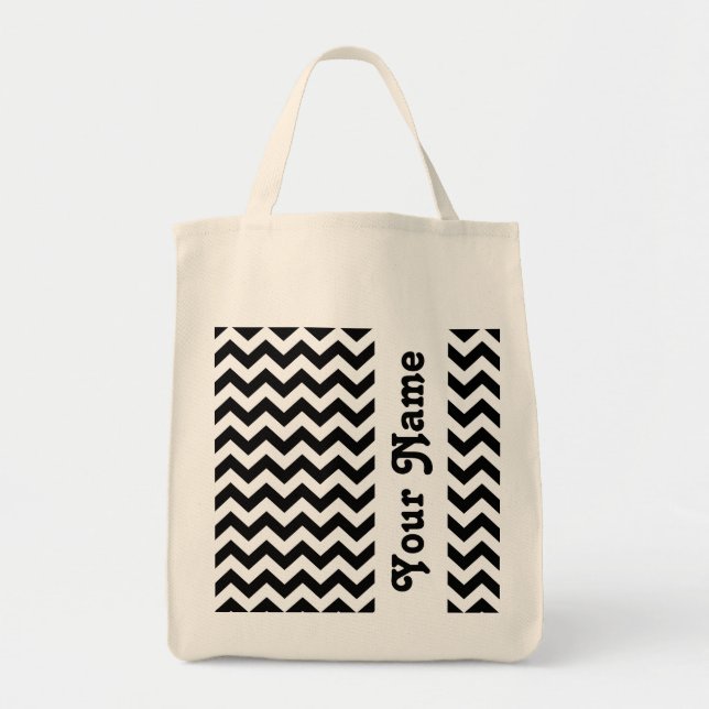 Bolsa Tote Black Safari Chevron com nome personalizável (Frente)