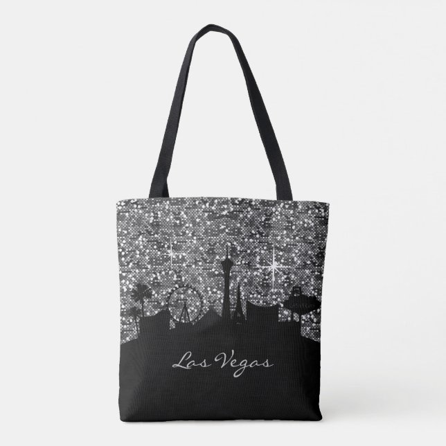 Bolsa Tote Black & Silver Confetti Glitter Las Vegas Skyline (Verso)