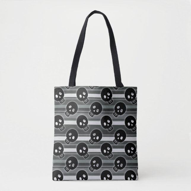 Bolsa Tote Black Skulls on Black White Stripe Pattern (Frente)