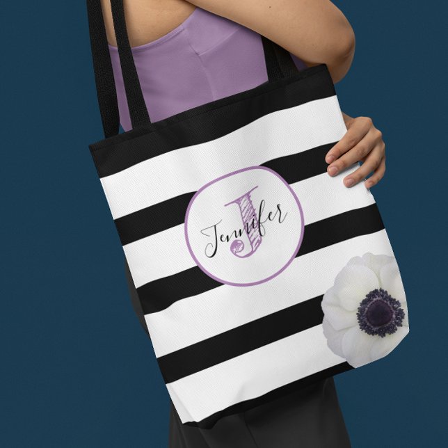Bolsa Tote Black Stripe e Anemone Monogramados Personalizados (Criador carregado)