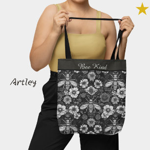 Bolsa Tote Black White Bees Vintage Frase Personalizada Flora