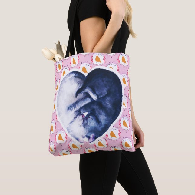 Bolsa Tote Black White Cat Bird Love Watercolor (Close Up)