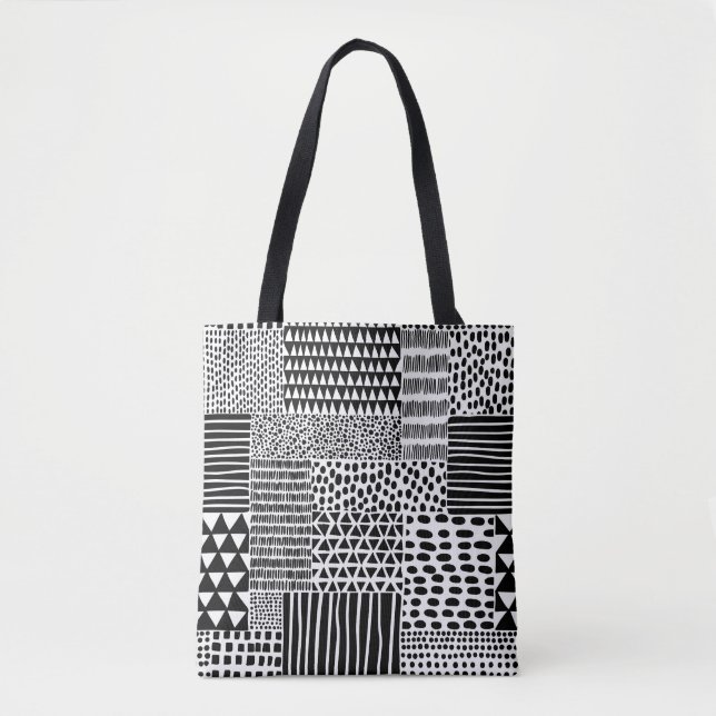 Bolsa Tote Black White Doodle: Etnia sem costura (Frente)