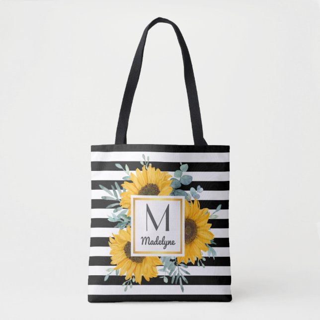 Bolsa Tote Black White Stripes Dourado Girassol Personalizado (Frente)