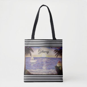 Bolsa Tote Black White Stripes & Ocean Beach Landscape