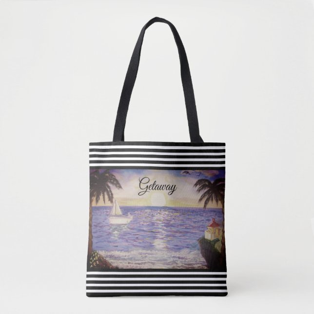 Bolsa Tote Black White Stripes & Ocean Beach Landscape (Frente)